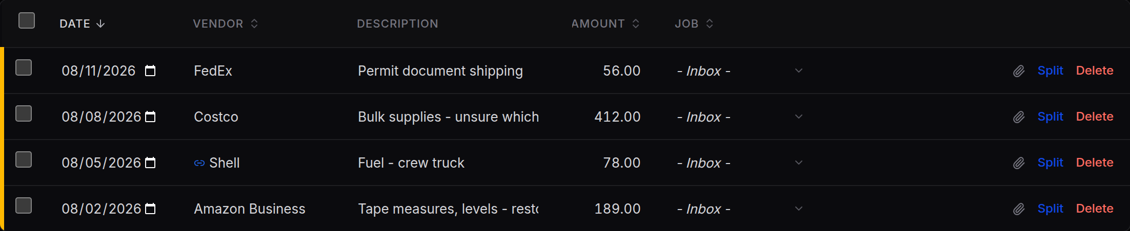 The transaction inbox listing bank charges that have not been assigned to a job yet, each row offering a job and category picker.
