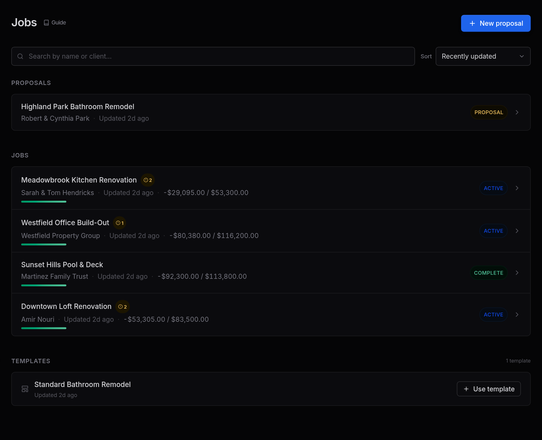 The jobs list showing proposals and active jobs side by side, each with its client name, contract value and progress.